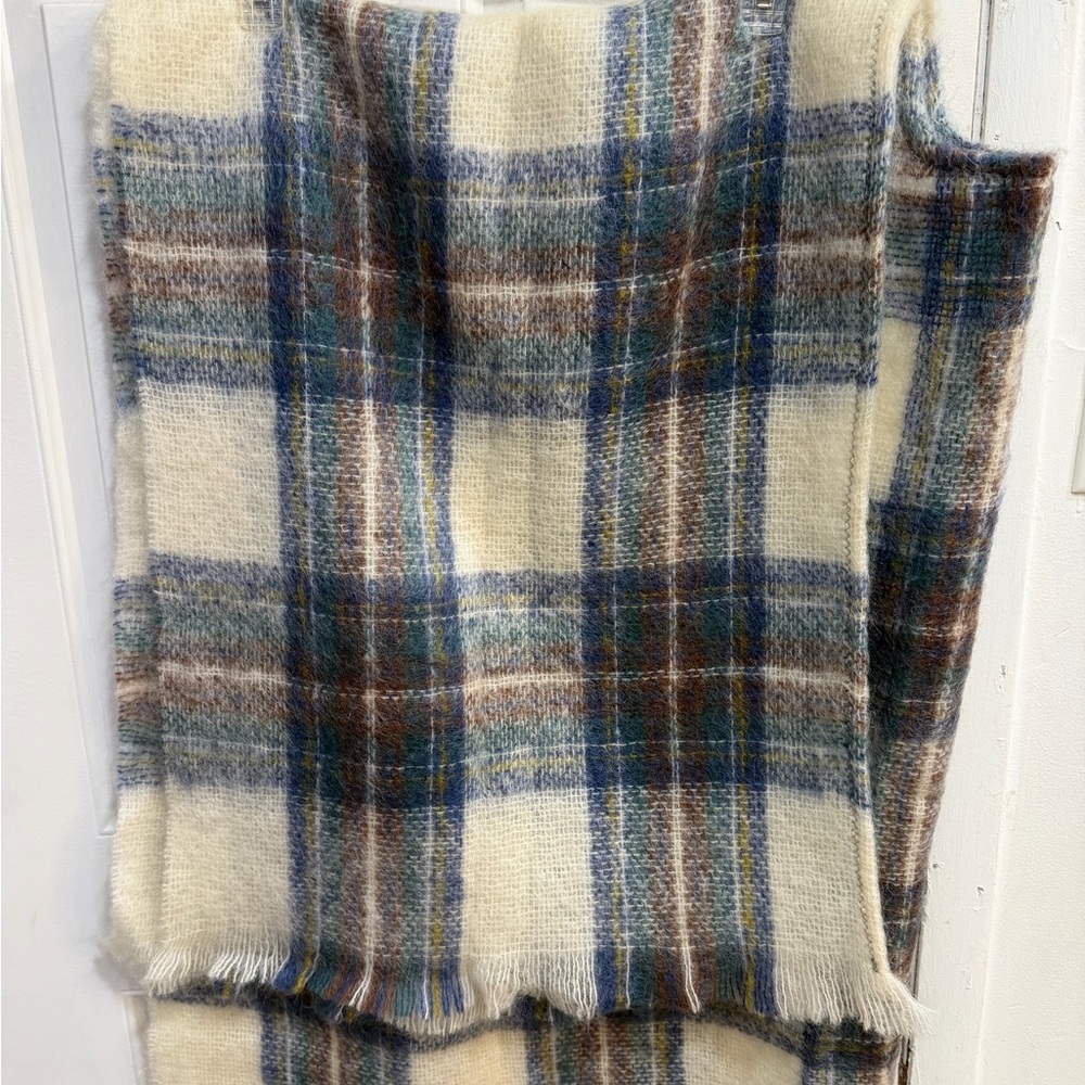 Highland Home Industries Plaid Mohair-Blend Scarf in Cream, Blue & Brown